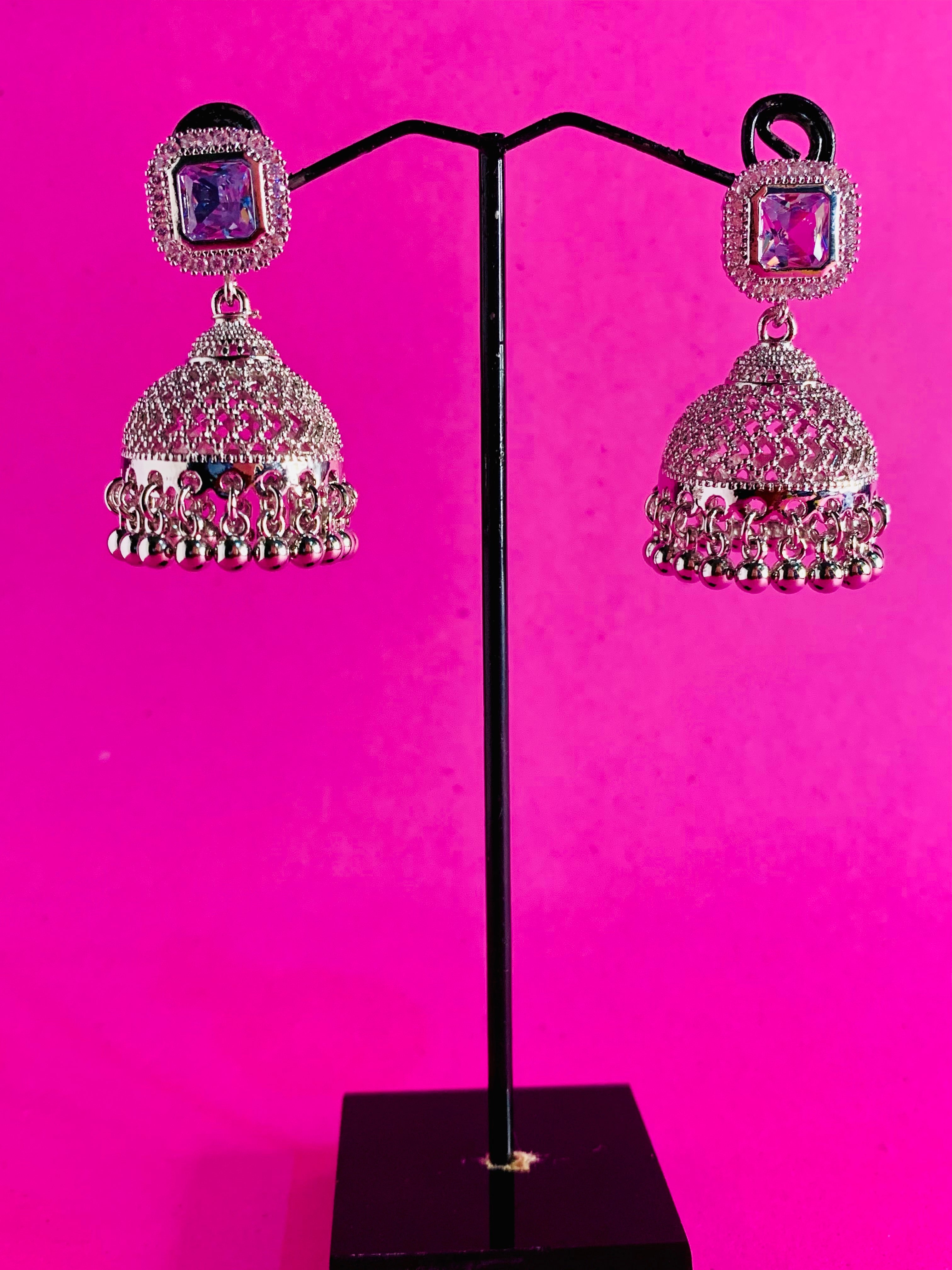 SILVER SQUARE STONE JHUMKA